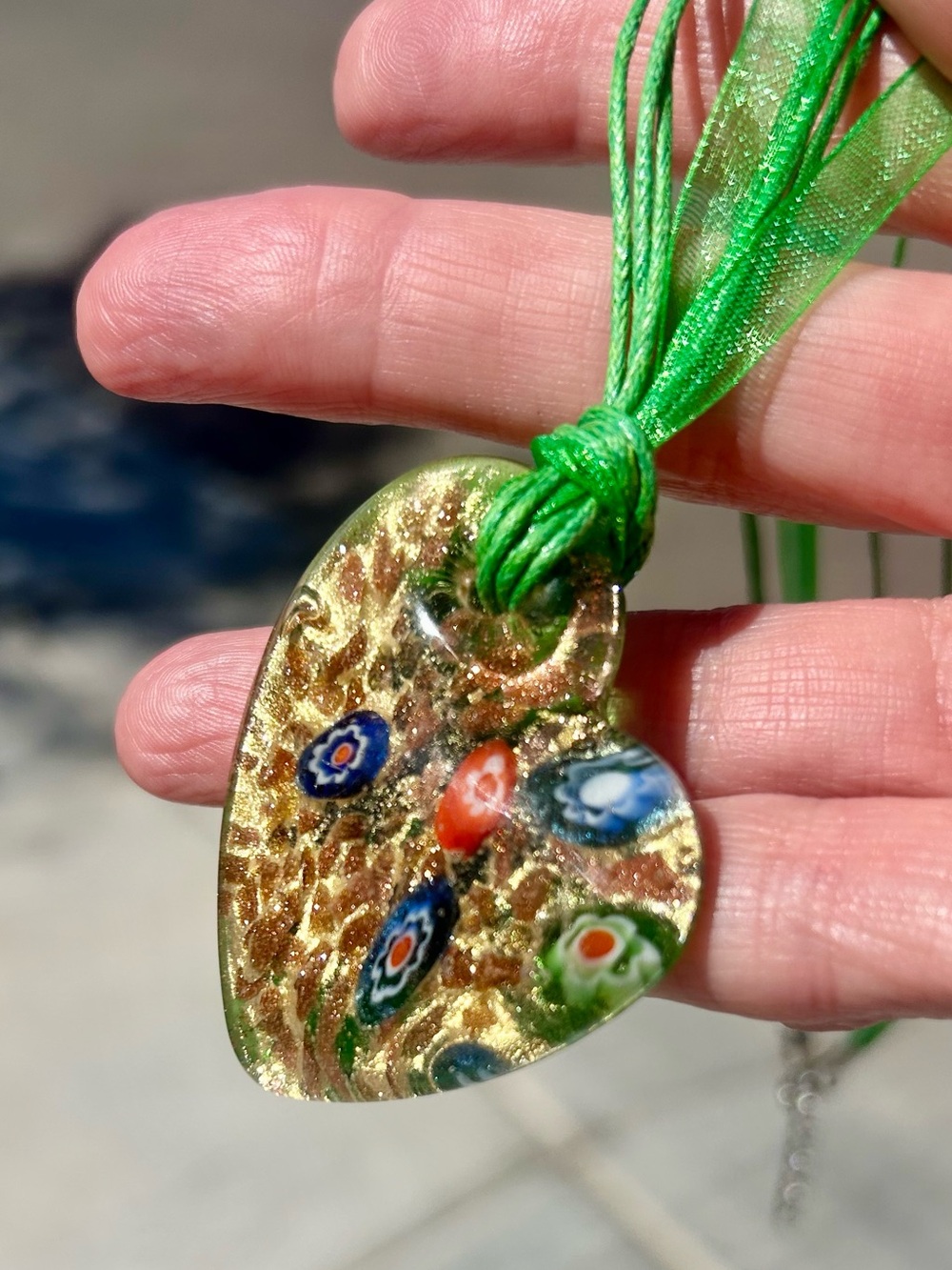 Gold Heart Glass Pendant Necklace with Green Cord